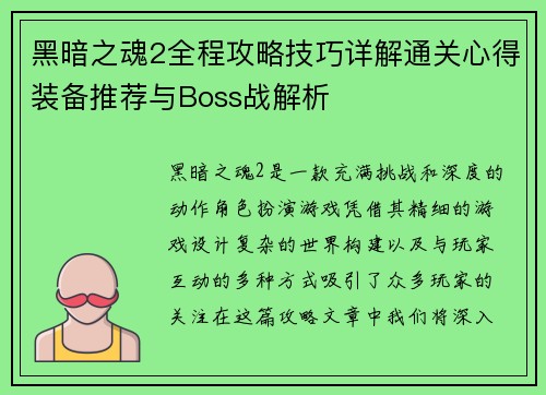 黑暗之魂2全程攻略技巧详解通关心得装备推荐与Boss战解析